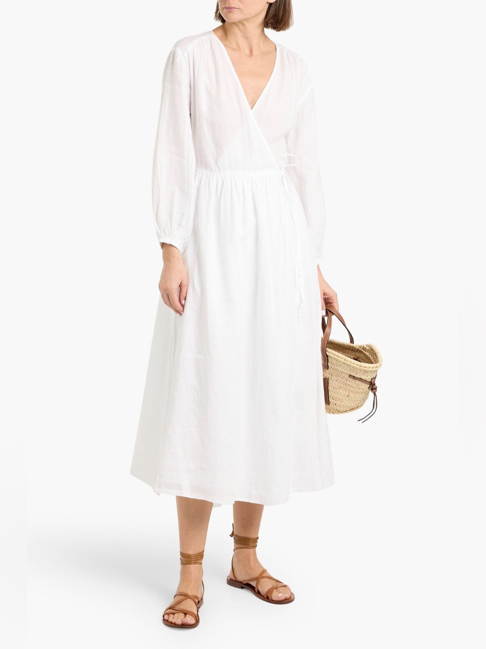 NWT ALEX MILL White Lauren Wrap Long Sleeve Linen Midi Dress  Size L